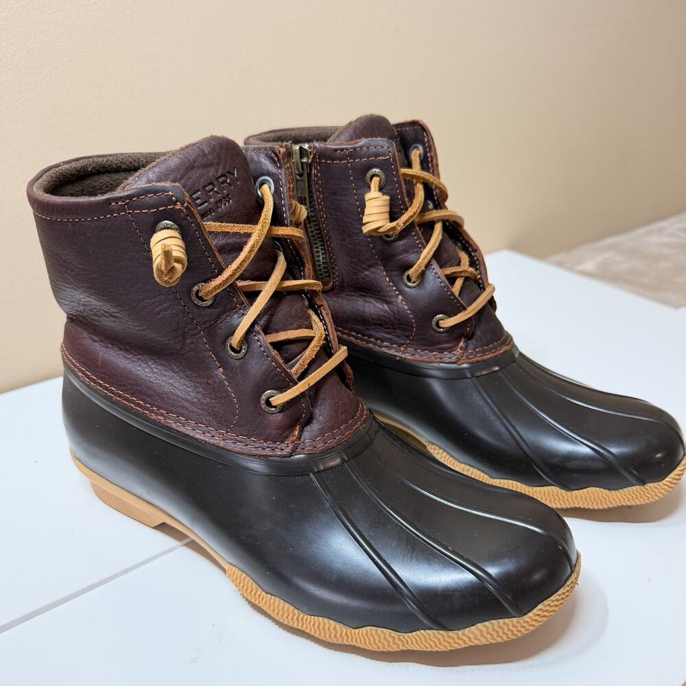 Sperry Top Sider Saltwater Duck Boots Women's 7.5 Dark Brown Leather Waterproof